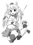  1girl animal_ears blush bracelet collar detached_sleeves hat inubashiri_momiji jewelry looking_at_viewer midriff miniskirt monochrome open_mouth ring scarf shield short_hair skirt smile solo sword tail thighhighs tokin_hat touhou uni_mate v weapon wolf_ears wolf_tail 