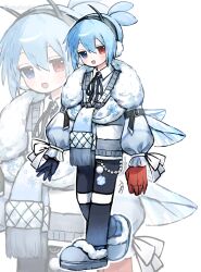  1boy :d absurdres antenna_hair antennae arm_belt black_gloves black_pants black_ribbon blue_eyes blue_hair blue_socks blush cardigan commentary_request dress_shirt earmuffs fake_antennae fur-trimmed_shoes fur_scarf gem gloves grey_cardigan grey_shoes hair_between_eyes heterochromia highres long_sleeves looking_at_viewer magic_arm male_focus neck_ribbon open_mouth pants pearl_(gemstone) puyopuyo red_eyes ribbon shirt shoes short_hair sig_(puyopuyo) single_glove smile snowflake_print socks solo ume_(umeboshioishii) white_shirt zoom_layer 