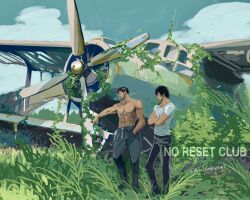  2boys abs aircraft airplane artist_name beard black_boots black_hair black_pants boots cidolfus_telamon cigarette clive_rosfield clothes_around_waist commentary crossed_arms english_commentary facial_hair final_fantasy final_fantasy_xvi full_body grey_pants grey_shirt hair_slicked_back hand_in_pocket highres male_focus multiple_boys muscular muscular_male outdoors pants plant propeller sakurai_shushushu shirt shirt_around_waist short_hair smoking t-shirt topless_male vines white_shirt 