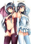  2girls angel_and_devil attsun_(atsushi_jb) black_eyes black_hair blush breasts cleavage demon_wings dress elbow_gloves fang glasses gloves grin halo holding_hands horns jewelry large_breasts multiple_girls navel necklace panties seifuku! smile thighhighs underboob underwear wings zettai_ryouiki 