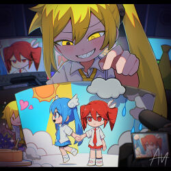  akita_neru alternate_costume baumkuchen_endroll blonde_hair blue_eyes blue_hair blue_necktie blue_skirt chibi closed_mouth clouds collared_shirt commentary_request day drill_hair grin hatsune_miku heart highres holding_hands kasane_teto long_hair miniskirt mismatched_pupils monitor necktie open_mouth outdoors rain red_eyes red_hair red_necktie red_skirt sato_(r017xts117) shirt shoes short_sleeves side_ponytail signature skirt smile sun twin_drills twintails vocaloid white_shirt white_shoes yellow_eyes yellow_necktie 