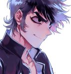  1boy adam&#039;s_apple backlighting black_eyes black_hair devilman evil_smile eyebrows eyeliner fudou_akira funpjinju gakuran looking_away makeup messy_hair portrait school_uniform sideburns signature smile solo thick_eyebrows white_background 