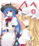  2girls anger_vein blue_hair blush bow breast_envy breasts commentary_request food fruit hammer_(sunset_beach) hat hinanawi_tenshi impossible_clothes impossible_shirt long_hair multiple_girls open_mouth peach red_eyes skirt smile touhou violet_eyes yakumo_yukari 