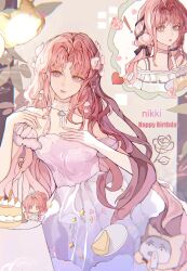  ! 2girls absurdres bare_shoulders birthday birthday_cake black_bow black_ribbon border bow bow_choker bowtie bra_strap brown_eyes cake cake_slice character_balloon character_doll chinese_commentary choker cloak closed_mouth cloud_earrings commentary_request cowboy_shot doll dress dropping dual_persona ear_covers eyelashes flower food four-pointed_star frilled_shirt frills frown fur-trimmed_sleeves fur_trim gown gradient_clothes gradient_dress grey_border hair_bow hair_intakes hair_ribbon hand_on_own_chest hand_on_own_shoulder happy happy_birthday hexagram highres hood hood_up hooded_cloak imagining infinity_nikki lace lace-trimmed_bow lace_choker lace_trim lipstick liyue573 long_hair looking_to_the_side low_twintails makeup melody_bloom_(infinity_nikki) momo_(nikki) multiple_girls nikki_(nikki) nikki_(series) off-shoulder_dress off-shoulder_shirt off_shoulder open_mouth outside_border parted_bangs pawpads perfect_start_(infinity_nikki) pink_bow pink_bowtie pink_choker pink_dress pink_hair plate pleated_sleeves print_dress purple_dress red_bow red_bowtie red_lips ribbon rose see-through_bow shining_nikki shirt short_sleeves single_stripe smile speech_bubble standing star-filled_rainbow_(shining_nikki) striped_bow striped_bowtie striped_choker striped_clothes surprised table thought_bubble traditional_bowtie tress_ribbon twintails two-tone_dress very_long_hair wavy_hair white_background white_choker white_shirt wide-eyed yellow_cloak 