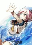  1girl aqua_eyes blush hair_ribbon kantai_collection nochita_shin open_mouth partially_submerged pink_hair ribbon school_uniform serafuku shiranui_(kantai_collection) sinking smile solo tears water 