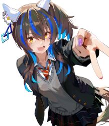  1girl absurdres alternate_costume animal_ears black_jacket black_pantyhose blue_streaks blush cardigan collared_shirt commentary daitaku_helios_(umamusume) diagonal-striped_clothes diagonal-striped_necktie ear_covers ear_ornament fang grey_cardigan grey_sweater_vest gyaru_v highres horse_ears horse_girl horse_tail jacket long_hair looking_at_viewer multicolored_hair necktie open_clothes open_jacket open_mouth pantyhose plaid_clothes plaid_skirt pleated_skirt red_necktie school_uniform shirt side_ponytail simple_background skirt smile solo streaked_hair striped_clothes sweater_vest symbol-only_commentary tail umamusume v white_background white_shirt yoojp 