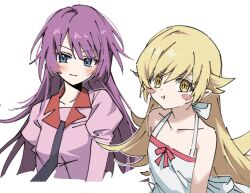  2girls bakemonogatari bare_shoulders blonde_hair blush blush_stickers breasts closed_mouth collared_shirt commentary dress eyelashes flat_chest hair_between_eyes juliet_sleeves long_hair long_sleeves looking_at_viewer monogatari_(series) multiple_girls naoetsu_high_school_uniform oshino_shinobu pink_shirt pout puffy_sleeves purple_hair school_uniform senjougahara_hitagi shirt simple_background sketch sleeveless sleeveless_dress small_breasts syst098 very_long_hair white_background white_dress yellow_eyes 
