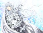  1boy aqua_eyes armor berserk cape griffith helmet highres holding lips long_hair silver_hair solo sword tamari_(flawless) very_long_hair weapon wings 