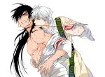  2boys abs adam&#039;s_apple black_hair bound_arms clenched_teeth earrings fighting freckles funpjinju highres ja&#039;far jewelry long_hair looking_at_another magi_the_labyrinth_of_magic male multiple_boys muscle nipples ponytail profile scar shirt_slip short_hair sinbad_(magi) tunic weapon white_background white_hair wire 