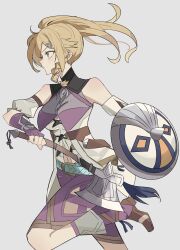  1girl axe battle_axe blonde_hair blue_eyes braid buckler commentary_request falcom george_man highres holding holding_axe holding_shield holding_weapon karja_balta purple_scrunchie scrunchie shield side_braid side_ponytail simple_background weapon ys ys_x:_nordics 