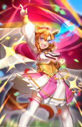  1girl animal_ears arm_up blue_eyes blush breasts cape clenched_hand commentary crown ear_ornament english_commentary eye_trail gloves gold_corset hair_between_eyes heterochromia highres horse_ears horse_girl horse_tail jewelry light_trail long_sleeves looking_at_viewer martypcsr mini_crown multiple_rings open_mouth orange_hair orange_tail pink_cape pink_crown pointing pointing_up ring shirt short_hair skirt smile solo t.m._opera_o_(o_sole_suo!)_(umamusume) t.m._opera_o_(umamusume) tail teeth thigh-highs two-tone_skirt umamusume upper_teeth_only violet_eyes white_shirt white_thighhighs 