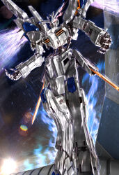  absurdres eye_trail glowing glowing_eyes gundam gundam_bael gundam_tekketsu_no_orphans highres light_trail loader-0015 mecha mechanical_wings mobile_suit no_humans pink_eyes robot science_fiction solo thrusters v-fin wings 