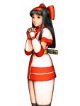  1girl ainu_clothes black_hair bow capcom_vs_snk elbow_gloves fingerless_gloves gloves hair_bow hairband hands_clasped long_hair mori_toshiaki nakoruru official_art samurai_spirits scabbard sheath short_sword snk solo sword traditional_clothes weapon 