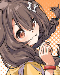  1girl :3 absurdres animal_ears blush bone_hair_ornament braid brown_hair closed_mouth commentary_request dog_ears dog_girl hair_ornament highres hololive inugami_korone inugami_korone_(1st_costume) jacket looking_at_viewer medium_hair smile solo twin_braids u_da_desu virtual_youtuber yellow_jacket 