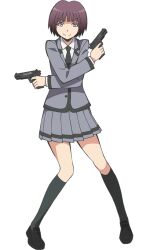  1girl anime_coloring ansatsu_kyoushitsu black_necktie black_shoes closed_mouth collared_shirt dual_wielding full_body fuwa_yuzuki grey_jacket grey_skirt grey_socks gun handgun holding holding_gun holding_weapon jacket kneehighs kunugigaoka_middle_school_uniform morita_kazuaki necktie official_art purple_hair school_uniform shirt shoes simple_background skirt smile socks solo standing tachi-e transparent_background violet_eyes weapon white_shirt 