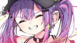  1girl absurdres black_choker black_hat blue_streaks choker closed_eyes closed_mouth commentary ear_piercing fang hair_ornament hairpin hat highres hololive long_hair multicolored_hair o-ring o-ring_choker piercing pink_streaks pointy_ears purple_hair smile solo streaked_hair tokoyami_towa tokoyami_towa_(1st_costume) twintails u_da_desu very_long_hair virtual_youtuber 