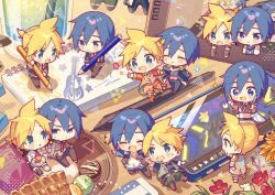  +++ 2boys :d ^_^ black_jacket blonde_hair blue_eyes blue_hair blush_stickers cellphone chibi chibi_only closed_eyes closed_mouth commentary_request double-parted_bangs drawing_(action) drawing_(object) flying_sweatdrops full_body glowstick hair_between_eyes holding holding_glowstick holding_pencil jacket kagamine_len kaito_(vocaloid) long_sleeves male_focus mini_person miniboy multiple_boys multiple_views notebook open_mouth orange_jacket pencil phone project_sekai short_hair sinaooo smartphone smile standing v-shaped_eyebrows vocaloid 