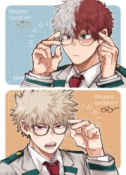  2boys adjusting_eyewear bakugou_katsuki bespectacled black-framed_eyewear black_background blazer blonde_hair blue_eyes boku_no_hero_academia burn_scar closed_mouth collared_shirt glasses grey_eyes heterochromia highres jacket looking_at_viewer male_focus multicolored_hair multiple_boys necktie nose_pads open_mouth red_eyes red_hair red_necktie salt_-_siomsb scar scar_on_face shirt short_hair spiky_hair split-color_hair todoroki_shoto two-tone_hair white_hair white_shirt yellow-framed_eyewear 