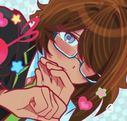  1girl artist_self-insert black_jacket blue_eyes brown_hair collared_shirt commentary covering_own_mouth english_commentary glasses green_necktie hands_up highres jacket limbus_company long_hair looking_at_viewer necktie original project_moon samjoyume shirt solo white_shirt 