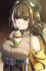  1girl absurdres bare_shoulders breasts brown_hair clothes_pull commentary_request drinking drinking_straw expressionless from_above girls'_frontline_2:_exilium girls_frontline heterochromia highres jacket jacket_pull large_breasts long_hair looking_at_viewer looking_up multicolored_hair open_clothes open_jacket red_eyes ro635_(girls'_frontline) robella_(girls'_frontline_2) solo staring streaked_hair two-tone_hair upper_body vertical-striped_sweater very_long_hair white_hair wimawi yellow_eyes yellow_jacket 