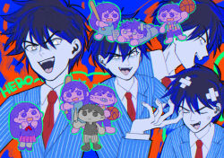  2girls 3girls antenna_hair aubrey_(headspace)_(omori) aubrey_(omori) ball bandaid bandaid_on_head barefoot baseball_bat basketball_(object) black_eyes black_hair black_socks black_tank_top blue_shirt blue_suit bossman_hero chibi closed_eyes closed_mouth collared_shirt colored_skin commentary_request crossed_bandaids fangs hair_behind_ear hero_(headspace)_(omori) hero_(omori) holding holding_ball holding_baseball_bat holding_knife kel_(headspace)_(omori) kel_(omori) knife long_hair long_shirt long_sleeves looking_at_another mari_(headspace)_(omori) mari_(omori) msdnno_kabe multiple_girls neckerchief necktie omori omori_(omori) open_mouth pinstripe_pattern pinstripe_suit purple_hair purple_shorts purple_sweater_vest red_neckerchief red_necktie red_skirt sharp_teeth shirt short_hair shorts skirt socks striped_clothes striped_shorts suit sweatdrop sweater_vest t-shirt tank_top teeth tongue upper_teeth_only vertical-striped_clothes vertical-striped_shorts violet_eyes white_eyes white_shirt white_shorts white_skin 
