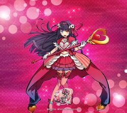  1girl amanojaku_(himegami_kagura) blue_eyes blush bow breasts choker clothing_cutout commentary_request company_name copyright_logo copyright_name copyright_notice dress full_body hair_ornament hair_ribbon heart heterochromia high_heels highres himegami_kagura holding holding_staff horns jewelry logo long_hair looking_at_viewer magical_girl ms06s navel navel_cutout necklace official_art open_mouth pink_background pink_thighhighs puffy_short_sleeves puffy_sleeves red_choker red_eyes red_ribbon red_shoes ribbon shoes short_dress short_sleeves sidelocks skull_hair_ornament skull_necklace small_breasts solo staff standing thigh-highs thighs tsurime 