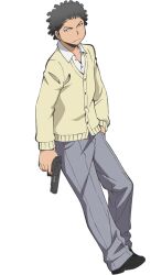  anime_coloring ansatsu_kyoushitsu black_eyes black_hair black_shoes cardigan closed_mouth collared_shirt frown full_body grey_pants gun hand_in_pocket handgun holding holding_gun holding_weapon kunugigaoka_middle_school_uniform leaning_back morita_kazuaki official_art pants school_uniform shirt shoes simple_background solo tachi-e transparent_background weapon white_shirt yoshida_taisei 