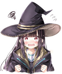  1girl alternate_hairstyle ayaro_(genkiloobaii) black_hair black_hat black_robe blunt_bangs blush clenched_hands commentary_request cropped_torso embarrassed fang flying_sweatdrops hat heaven_burns_red highres long_hair long_sleeves looking_at_viewer open_mouth portrait red_eyes robe shirt sidelocks simple_background solo squiggle straight_hair tearing_up tenne_miko upper_body very_long_hair wavy_mouth white_background white_shirt wide-eyed witch witch_hat 