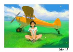  1girl :3 aircraft airplane between_legs border brown_hair bug butterfly butterfly_sitting clouds cloudy_sky collarbone curtained_hair full_body hand_between_legs highres horizon on_grass original sandals shadow shirt short_shorts shorts sitting sky torikeyu v_arms white_border white_shirt wolf_cut yellow_butterfly yellow_eyes yellow_shorts 
