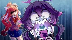  2girls arms_behind_back bare_shoulders blazer blue_background blue_skirt breasts brown_hair brown_sweater_vest cellphone collared_shirt colored_skin commentary doki_doki_literature_club doki_doki_literature_club_school_uniform english_commentary evil_grin evil_smile glitch grey_hair grey_skin grin hair_between_eyes hair_intakes halo holding holding_phone indie_virtual_youtuber jacket long_hair megalodon_(vtuber) monika_(doki_doki_literature_club) multiple_girls neck_ribbon official_art open_mouth outline phone ponytail purple_hair red_ribbon ribbon roisin scared school_uniform second-party_source shaded_face sharp_teeth shirt sidelocks skirt smartphone smile sweater_vest teeth trembling very_long_hair video_thumbnail virtual_youtuber white_outline white_shirt youtube_video_thumbnail 