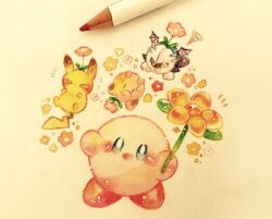  >_< @_@ blush commentary_request flower flower_on_head flying_sweatdrops full_body holding jigglypuff kirby kirby_(series) meta_knight no_humans painting_(medium) pikachu pink_flower pokemon simple_background squiggle super_smash_bros. traditional_media watercolor_(medium) yukichi_0611 