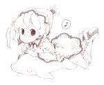  1girl boots dolphin dress hat looking_at_viewer lying merlin_prismriver monochrome on_stomach smile solo stuffed_animal stuffed_toy touhou uni_mate 