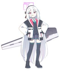  1girl 53c_(ray_cordova) black_boots black_hairband black_skirt black_thighhighs black_vest blue_archive blue_necktie boots closed_mouth collared_shirt commentary_request full_body hair_between_eyes hairband halo hands_on_own_hips jacket kei_(blue_archive) kei_(new_body)_(blue_archive) long_hair long_sleeves looking_at_viewer necktie pleated_skirt puffy_long_sleeves puffy_sleeves red_eyes shirt simple_background skirt smile solo standing thigh-highs thighhighs_under_boots very_long_hair vest white_background white_hair white_jacket white_shirt 