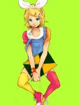  1girl aqua_eyes blonde_hair brush hair_ornament hair_ribbon hairclip jumpsuit kagamine_rin kagari_(kgr_000) mouth_hold nail_polish ribbon shoes short_hair sketchbook sneakers solo thighhighs vocaloid wristband 