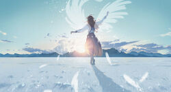  1girl absurdres ahoge arms_up artist_name backlighting barefoot blue_sailor_collar blue_skirt brown_hair clouds commentary_request dated facing_away falling_feathers feathers from_behind highres long_hair long_skirt long_sleeves mountainous_horizon original pleated_skirt sailor_collar school_uniform shadow shirt shirt_tucked_in skirt sky sleeve_cuffs solo teardrops_(user_vgvd7733) tiptoes walking white_shirt wide_shot wings 