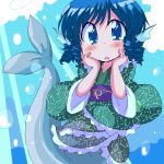  1girl blue_eyes blue_hair blush geetsu head_fins japanese_clothes mermaid monster_girl solo tail touhou wakasagihime 