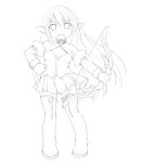  1girl boots bow_(weapon) chibi collar elf elsword gloves hand_on_hip kasuga_yukihito lineart long_hair monochrome pleated_skirt pointy_ears rena_(elsword) skirt small_breasts smile solo thigh_boots thighhighs weapon 