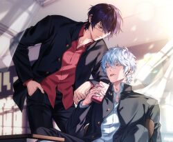  2boys arm_on_another's_shoulder black_pants blue_eyes buttons classroom closed_mouth collared_shirt commentary_request curtains drink_carton eyepatch floating_curtains g_rribbit gakuran gintama hand_in_pocket highres holding holding_milk_carton indoors jacket korean_commentary looking_at_another male_focus medical_eyepatch milk_carton multiple_boys open_clothes open_jacket pants red_eyes red_shirt sakata_gintoki school_uniform shirt sitting sunlight takasugi_shinsuke tongue tongue_out unbuttoned white_shirt 