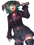  1girl animal_ears boots collar dress fang green_eyes green_hair highres kasodani_kyouko microphone open_mouth short_hair simple_background solo sunglasses sunglasses_on_head temmasa22 thigh_boots thighhighs touhou white_background zettai_ryouiki 