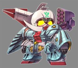  armor beam_rifle chibi commentary_request energy_gun full_armor full_body glowing glowing_eyes gundam mecha missile missile_pod no_humans redesign robot science_fiction sd_gundam shield shoulder_cannon standing susagane turn_a_gundam turn_a_gundam_(mobile_suit) v-fin weapon yellow_eyes 