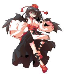  1girl alphes_(style) black_hair black_thighhighs black_wings breasts commentary_request dairi feathered_wings full_body geta hair_between_eyes half-closed_eyes hand_up hat highres kourindou_tengu_costume large_variant_set looking_at_viewer medium_hair parody red_eyes shaded_face shameimaru_aya simple_background solo style_parody tachi-e thigh-highs tokin_hat touhou transparent_background variant_set wide_sleeves wings 