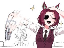  absurdres afterimage bartender black_necktie blackuma blurry closed_eyes commentary depth_of_field english_commentary eyepatch hair_slicked_back hand_in_own_hair hand_on_own_head highres horse_girl jacket jujutsu_kaisen meme motion_blur naoya_hitting_choso_without_looking_(meme) necktie one_eye_covered open_mouth parody red_hair scene_reference shaking sleeves_rolled_up smear_frame tanino_gimlet_(umamusume) umamusume vest vodka_(umamusume) waistcoat white_background 