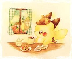  checkerboard_cookie commentary_request cookie cup deerstalker detective_pikachu_(series) flower food hat indoors looking_outside mug no_humans painting_(medium) paper pikachu pokemon pokemon_(creature) red_flower red_rose rose solo sugar_bowl thumbprint_cookie traditional_media watercolor_(medium) window yukichi_0611 