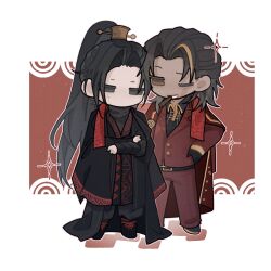  2boys black_eyes black_gloves black_hair black_hanfu black_shirt brown_eyes chibi chibi_only chinese_clothes chinese_commentary cigar collared_shirt commentary_request cross_scar crossed_arms curtained_hair diandao210046 full_body gloves gold_trim grin hair_ornament hands_on_own_hips hanfu high_ponytail highres jacket jacket_on_shoulders jia_qiu_(project_moon) lei_heng_(project_moon) limbus_company long_hair looking_at_viewer male_focus multiple_boys one_eye_closed ponytail project_moon red_jacket red_scarf red_vest scar scar_on_face scarf shared_clothes shared_scarf shirt single_hair_streak smile standing stole vest xiao_guan_(headdress) 