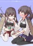  &gt;_&lt; 2girls aircraft_carrier akagi_(kantai_collection) arrow black_legwear blush breasts brown_eyes brown_hair closed_eyes eating japanese_clothes kaga_(kantai_collection) kantai_collection long_hair multiple_girls muneate oil oil_tanker open_mouth personification rice short_hair side_ponytail smile thighhighs wavy_mouth white_legwear yuugo_(atmosphere) 