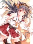 1girl animal_ears bare_shoulders black_hair black_legwear blush boots cat_ears cat_tail detached_sleeves hairband haruna_(kantai_collection) japanese_clothes kantai_collection kemonomimi_mode long_hair miko mog_(artist) open_mouth personification skirt solo tail thigh_boots thighhighs 