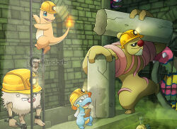  alolan_muk anger_vein artist_name bagon brick_wall charmander clipboard closed_mouth commentary conkeldurr english_commentary fangs feebas fire flame-tipped_tail hard_hat helmet highres holding holding_clipboard holding_wrench ladder nostrils on_ladder open_mouth poipole pokemon pokemon_(creature) pokemon_focus primeape red_nose sewer smile tail thecalendork watermark wrench yellow_helmet 