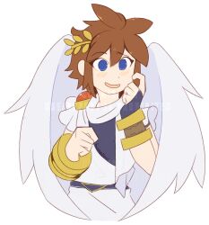  1boy angel angel_wings blue_eyes blush brown_hair commentary commission cropped_torso english_commentary fauxpapillon highres kid_icarus laurel_crown looking_at_viewer male_focus pit_(kid_icarus) signature simple_background solo watermark white_background wings 