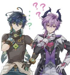  2boys ? ?? arm_tattoo black_coat black_gloves black_hair black_jacket blonde_hair brown_shirt closed_mouth clothes_around_waist coat commentary_request dragon_horns durin_(genshin_impact) genshin_impact gloves green_eyes green_gloves green_hair green_headband hawaiian_shirt headband horns jacket kinich_(genshin_impact) long_hair long_sleeves male_focus multicolored_gloves multicolored_hair multiple_boys pink_eyes purple_hair shirt short_hair skg_g streaked_hair tattoo two-tone_gloves white_gloves 