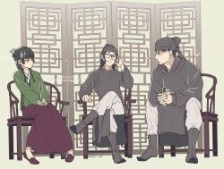  1girl 2boys adjusting_eyewear beads black_hair blunt_bangs boots chair chinese_clothes commentary_request crossed_legs dated flats folding_screen freckles frown furrowed_brow glasses grey_boots grey_hat grey_tunic hair_ribbon hat highres kusuriya_no_hitorigoto lahan_(kusuriya_no_hitorigoto) lishu_(kusuriya_no_hitorigoto) long_skirt looking_at_another maomao_(kusuriya_no_hitorigoto) multiple_boys own_hands_clasped own_hands_together pants red_shoes red_skirt ribbon round_eyewear shoes short_hair sitting skirt smile takehide tunic twitter_username white_pants 